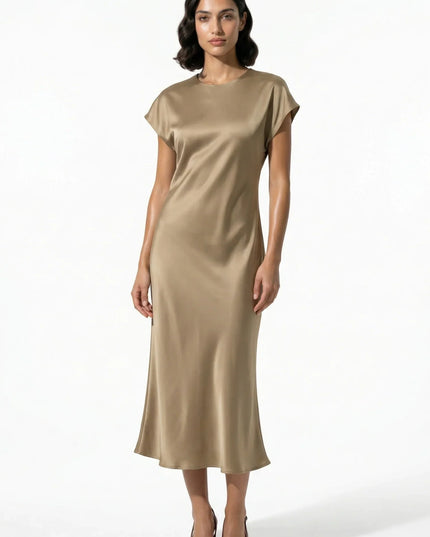 Taupe satin midi dress with cap sleeves and a fluid fitted silhouette