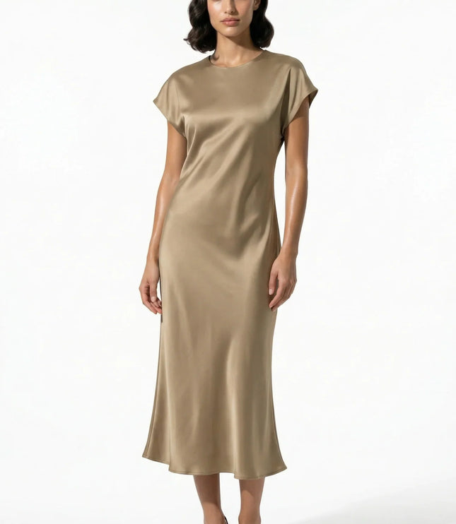 Taupe satin midi dress with cap sleeves and a fluid fitted silhouette