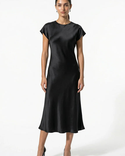 Black satin midi dress with cap sleeves and a sleek straight silhouette