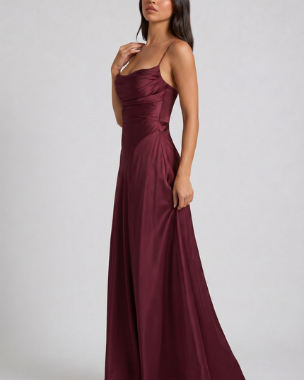 Vestido maxi de fiesta de noche de satén con fruncidos de verano para mujer