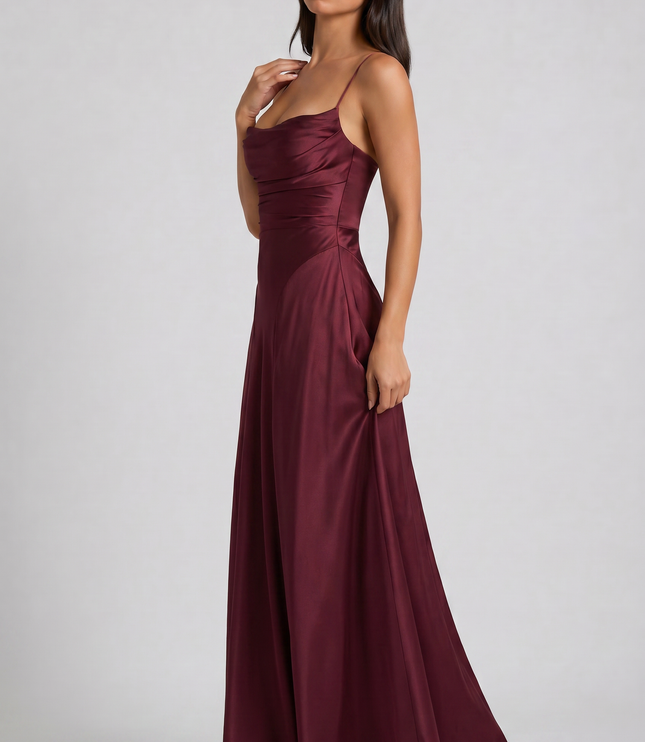Vestido maxi de fiesta de noche de satén con fruncidos de verano para mujer