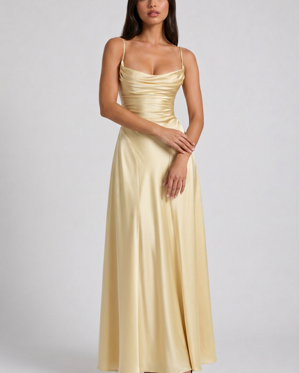 Vestido maxi de fiesta de noche de satén con fruncidos de verano para mujer