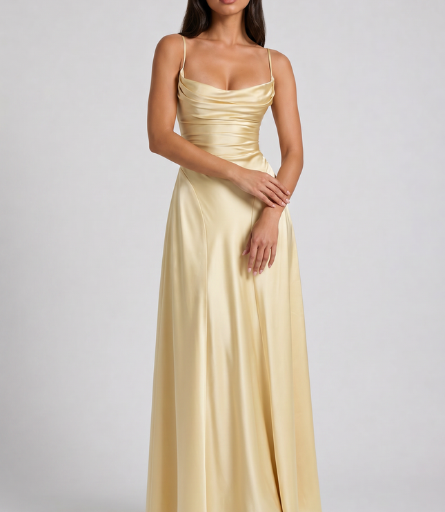 Vestido maxi de fiesta de noche de satén con fruncidos de verano para mujer