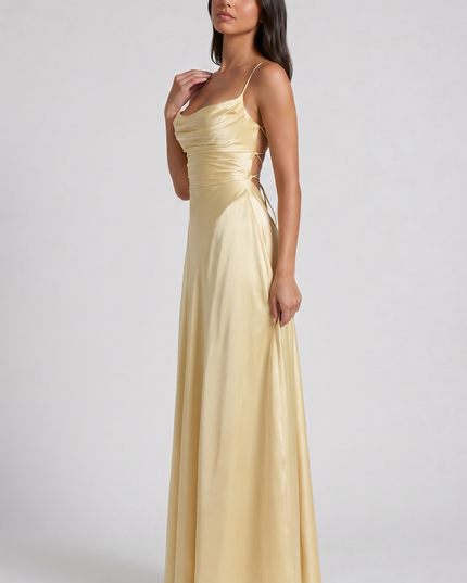 Vestido maxi de fiesta de noche de satén con fruncidos de verano para mujer