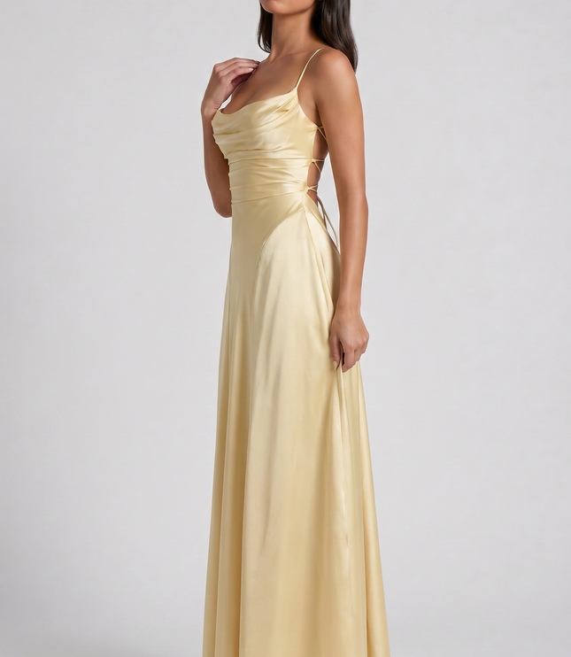 Vestido maxi de fiesta de noche de satén con fruncidos de verano para mujer