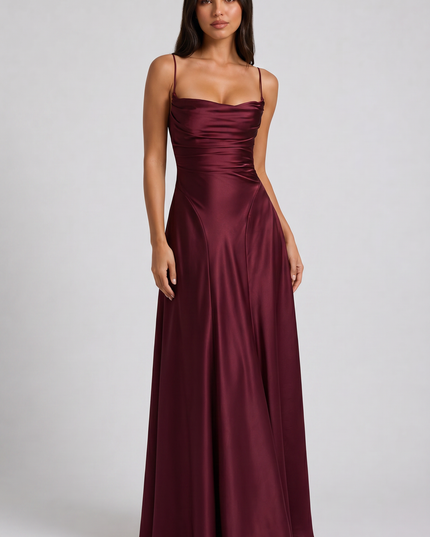 Vestido maxi de fiesta de noche de satén con fruncidos de verano para mujer