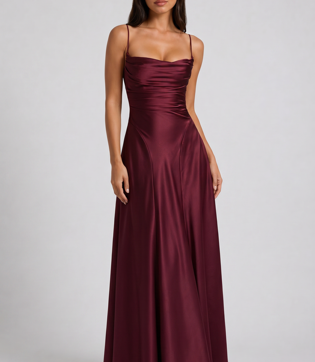 Vestido maxi de fiesta de noche de satén con fruncidos de verano para mujer
