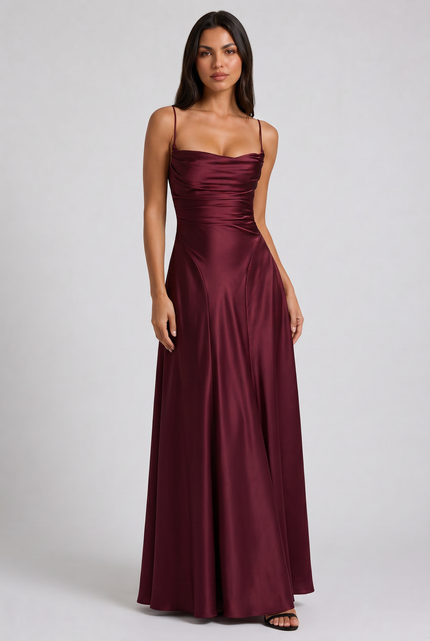 Vestido maxi de fiesta de noche de satén con fruncidos de verano para mujer