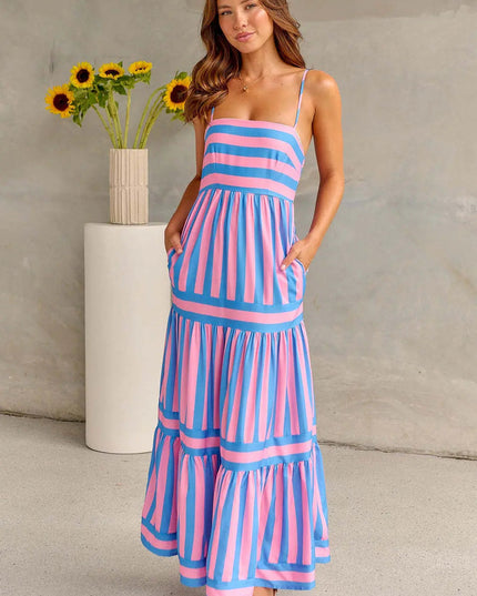 Pink and blue striped maxi dress with pleated sections and pockets