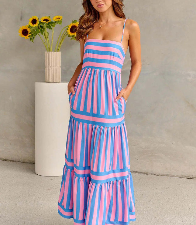 Pink and blue striped maxi dress with pleated sections and pockets