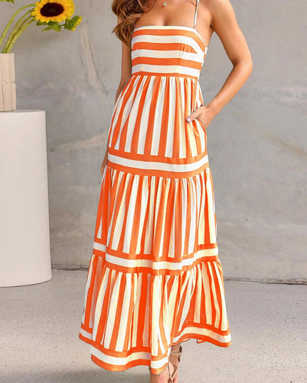 Orange and white striped maxi dress with layered ruffle skirt and pockets