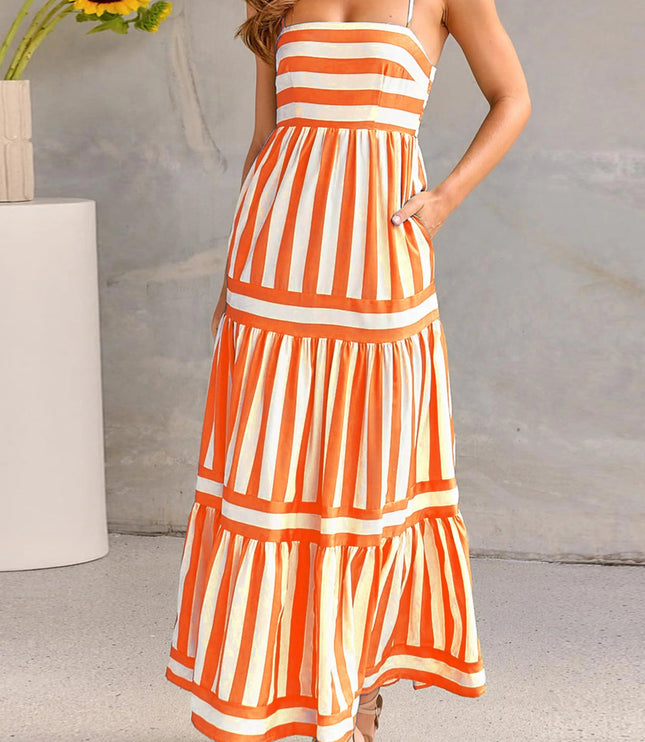 Orange and white striped maxi dress with layered ruffle skirt and pockets