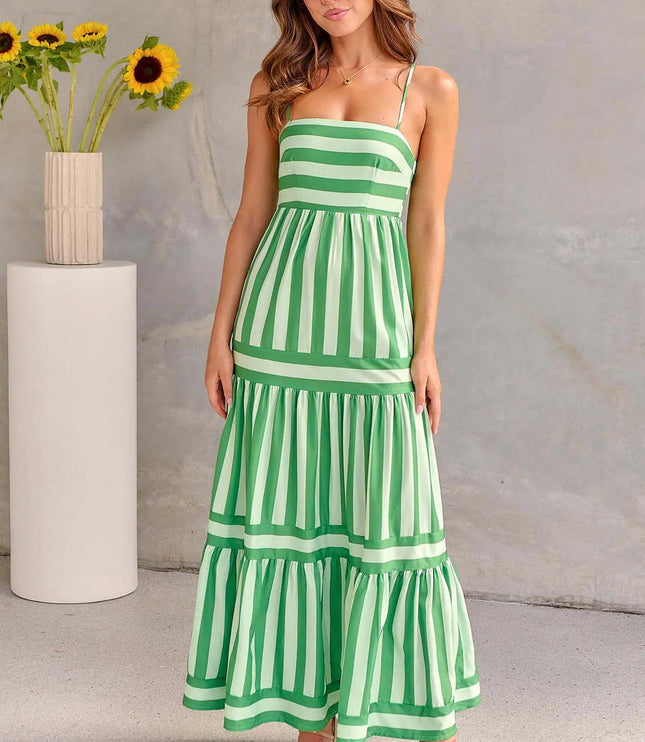 Green and white striped maxi dress with tiered skirt and pockets