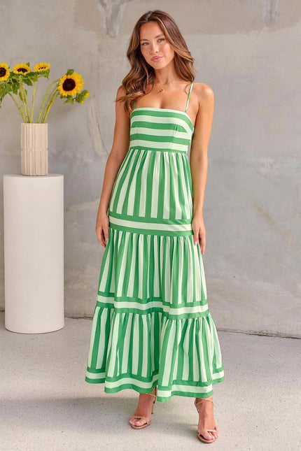 Green and white striped maxi dress with tiered skirt and pockets