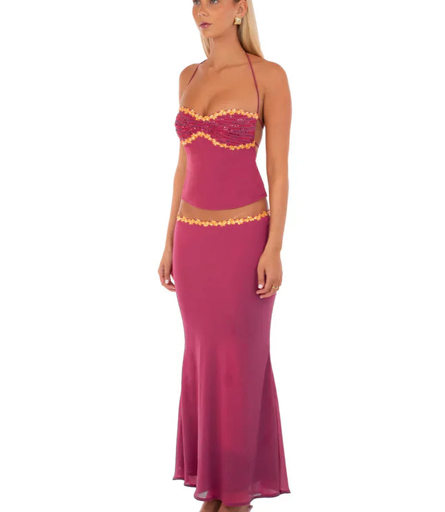 Conjunto de dos piezas de verano para mujer con top corto y falda coordinados