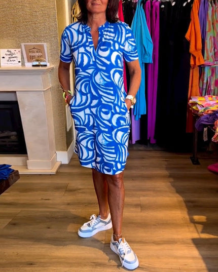 Blue and white abstract printed v-neck midi dress with short sleeves