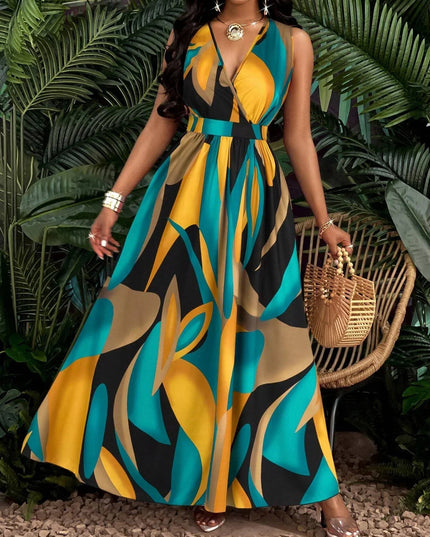 Full-length sleeveless v-neck maxi dress with bold teal, yellow, and black print design