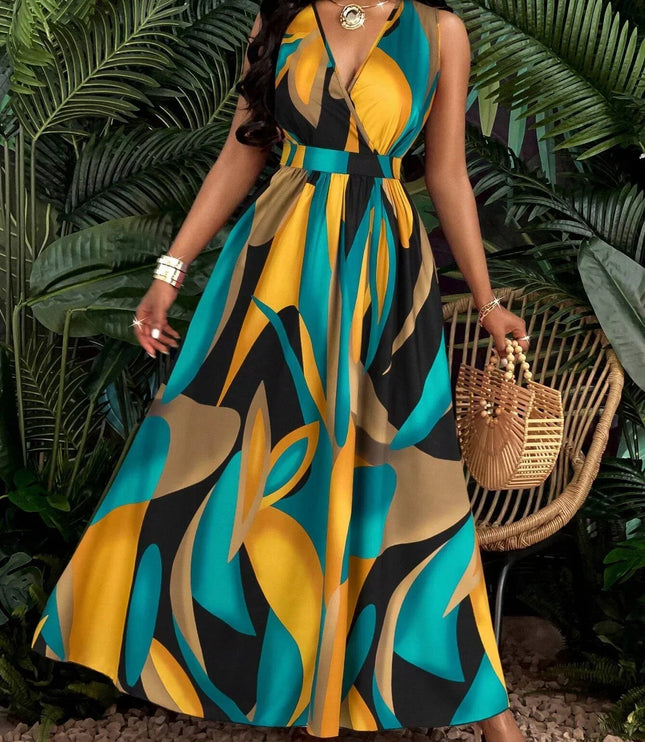 Full-length sleeveless v-neck maxi dress with bold teal, yellow, and black print design