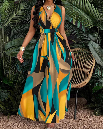 Front view of women's sleeveless maxi dress with geometric teal and gold abstract pattern