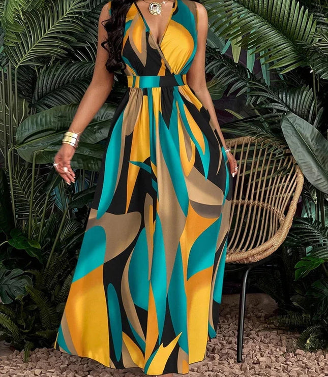 Front view of women's sleeveless maxi dress with geometric teal and gold abstract pattern