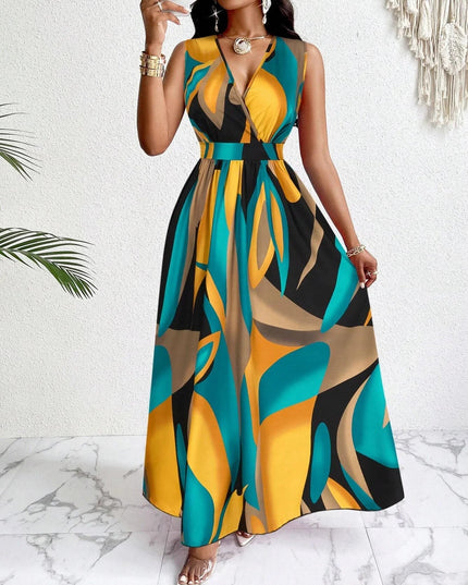 Women's sleeveless v-neck maxi dress with teal, yellow, and black geometric print