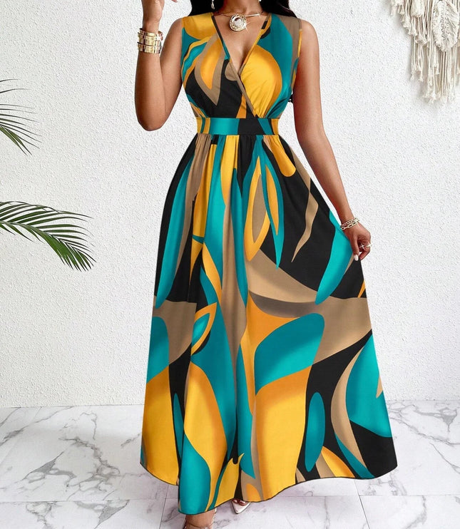 Women's sleeveless v-neck maxi dress with teal, yellow, and black geometric print