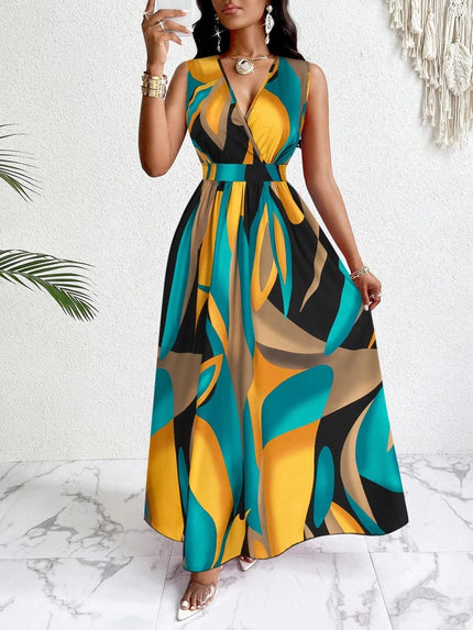Women's sleeveless v-neck maxi dress with teal, yellow, and black geometric print