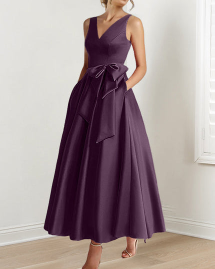 Women's sleeveless v-neck a-line satin maxi dress in deep purple with waist tie