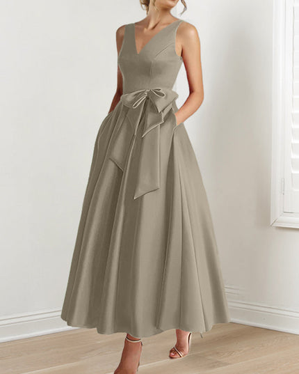 Sage green sleeveless v-neck a-line satin maxi dress with tied waist bow