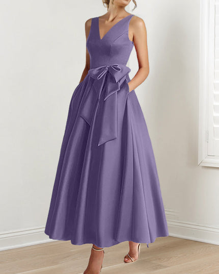 Lavender sleeveless v-neck a-line satin maxi dress with front tie detail