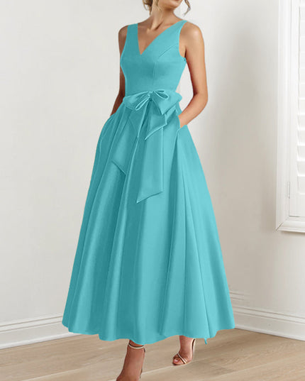 Turquoise sleeveless v-neck a-line satin maxi dress with waist ribbon bow