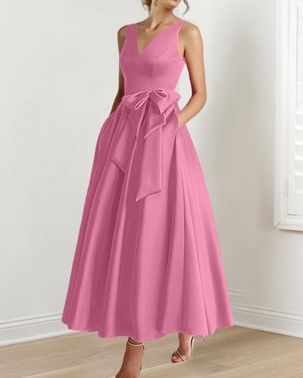 Mauve pink sleeveless v-neck a-line satin maxi dress with tied waist accent