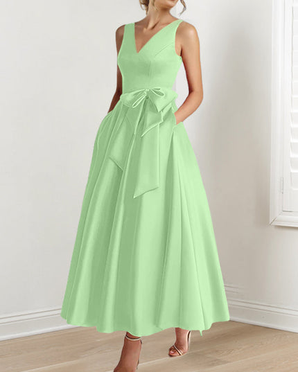 Mint green sleeveless v-neck a-line satin maxi dress with front bow tie