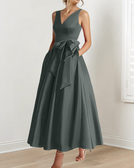 Charcoal gray sleeveless v-neck a-line satin maxi dress with waist ribbon detail