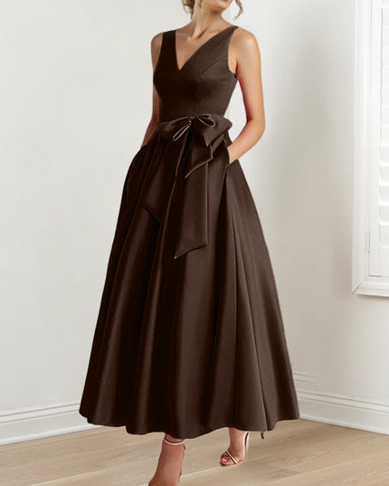 Brown satin A-line maxi dress with V-neck and tie waist