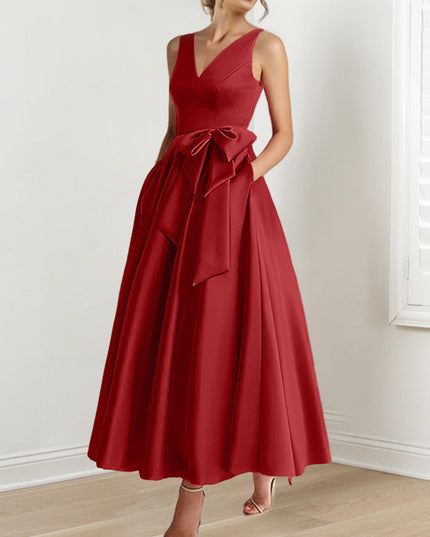 Red satin A-line maxi dress with V-neck and waist tie detail