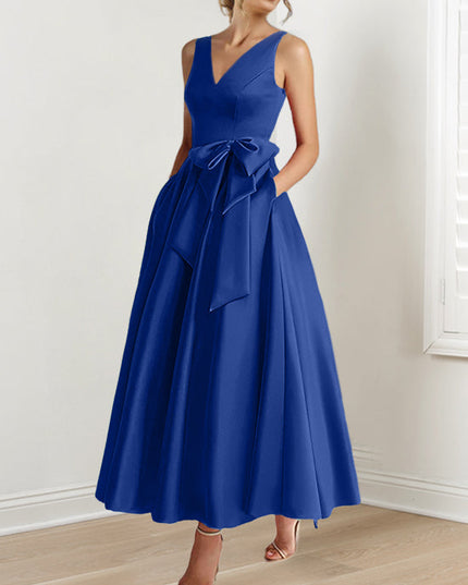 Royal blue sleeveless A-line satin maxi dress with ribbon bow