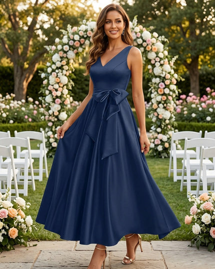 Navy V-neck sleeveless A-line satin maxi dress with bow at garden setting