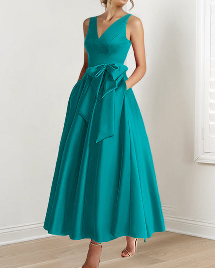 Teal V-neck sleeveless A-line satin maxi dress with bow waist