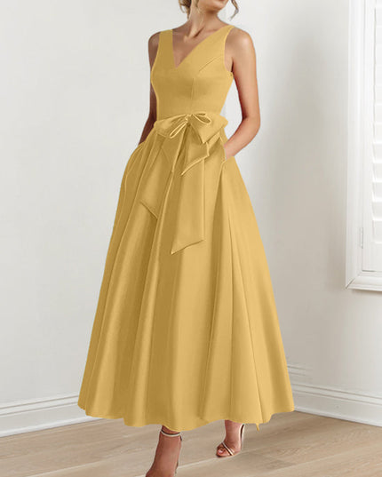 Golden yellow V-neck sleeveless A-line satin maxi dress