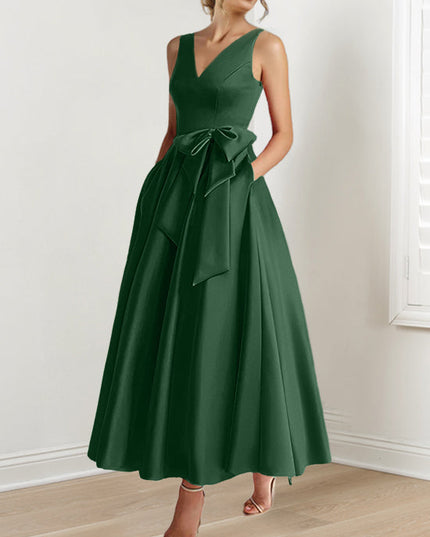 Deep forest green sleeveless V-neck A-line satin dress