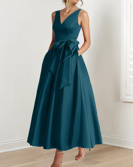 Dark teal V-neck sleeveless A-line satin maxi with bow detail