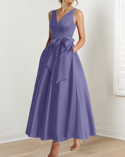 Lavender V-neck sleeveless A-line satin maxi dress