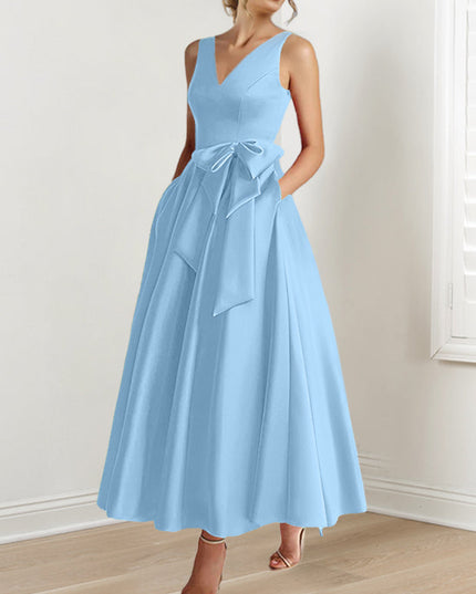 Sky blue sleeveless V-neck A-line satin maxi dress