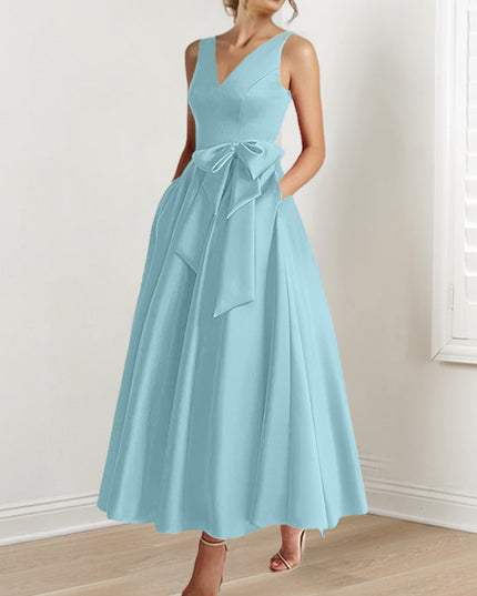 Light blue sleeveless A-line maxi dress with V-neckline and sash