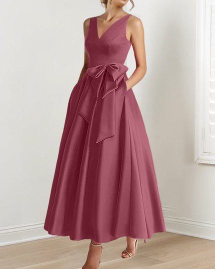 Burgundy A-line satin maxi dress with V-neck and bow waist detail