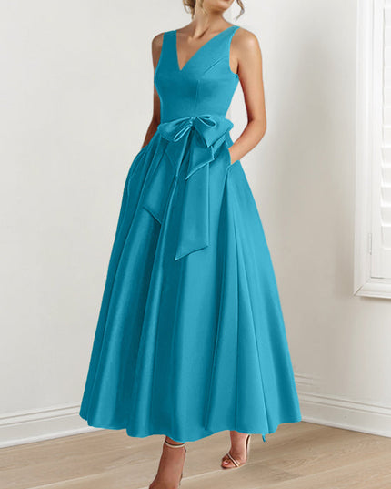 Teal sleeveless A-line maxi dress with V-neck and tied waist