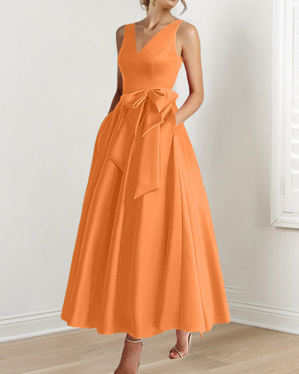 Bright orange A-line satin maxi dress with V-neckline and sash tie