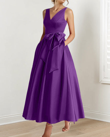 Royal purple A-line satin maxi dress with V-neck and tied waist detail