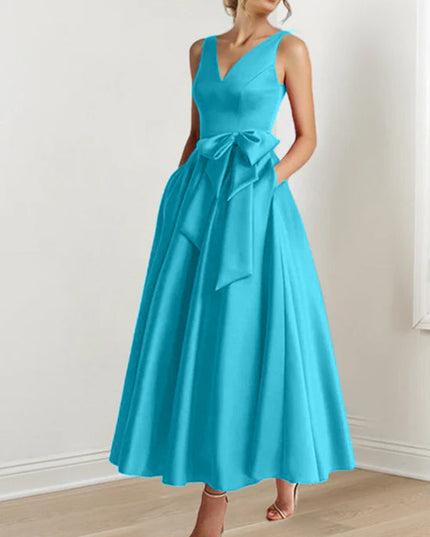 Turquoise sleeveless A-line satin maxi dress with V-neck and waist tie